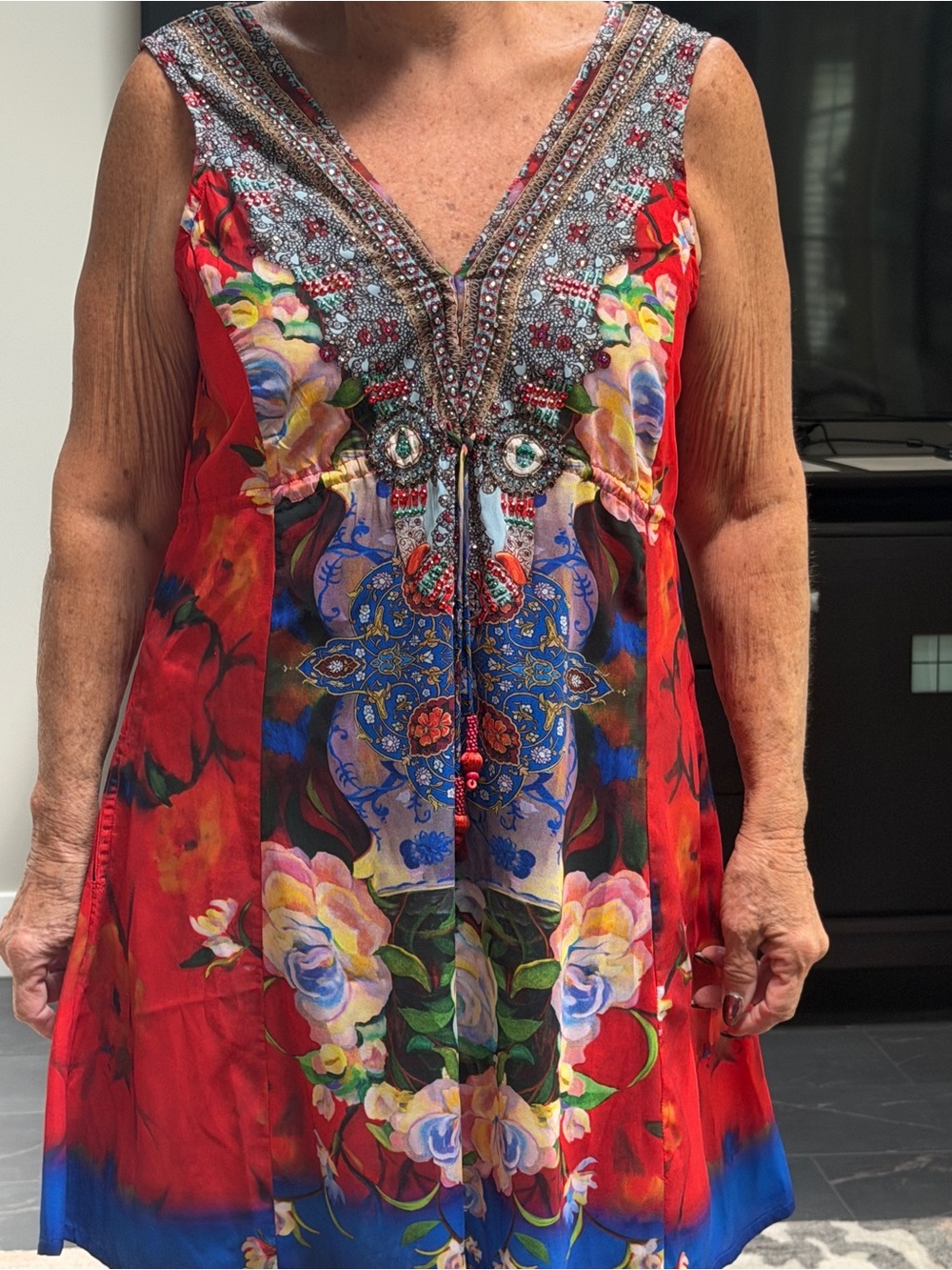 Sigrid Olsen Red Multicolor Embellished V-Neck Floral Dress